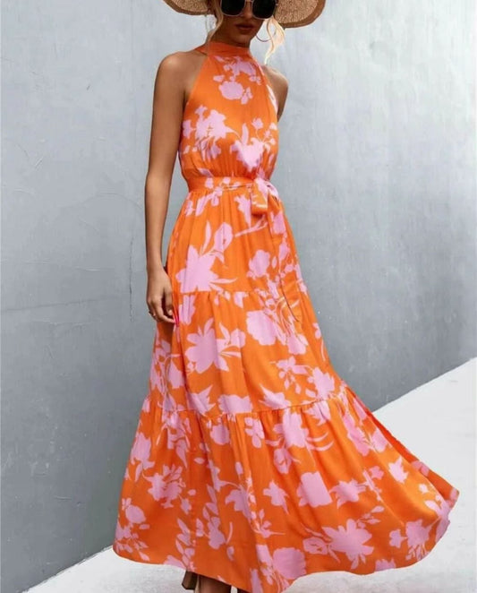 2022 Station Wish Printing Halter Backless Tied Dress Hot Sale In Europe And America