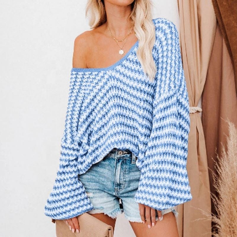 2022 Street Wave Striped Sexy Puff Sleeve Loose Knitted Sweater Pullover For Women