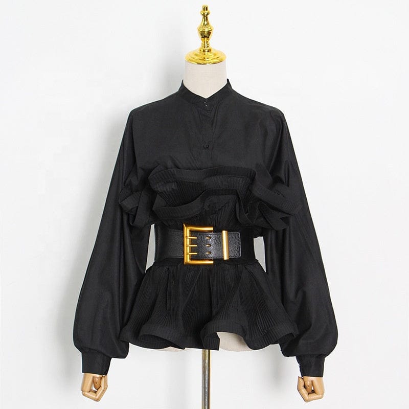 2022 Streetwear elegant puff sleeves blouse tops with belt stand collar ruffle ladies shirts blouses tops women