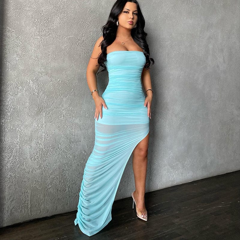 2022 Summer Casual Women Solid Color Ruched Sleeveless Backless High  Slit Maxi Dress