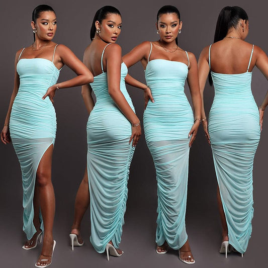 2022 Summer Casual Women Solid Color Ruched Sleeveless Backless High  Slit Maxi Dress