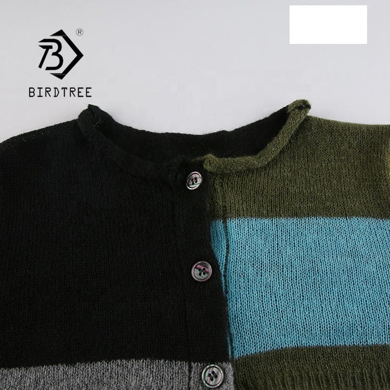 2022 Summer Color-Blocking Knitted Cropped Tops Female Thin Button Round Neck Smock Long-Sleeved Sunscreen Short Sweater T26101J