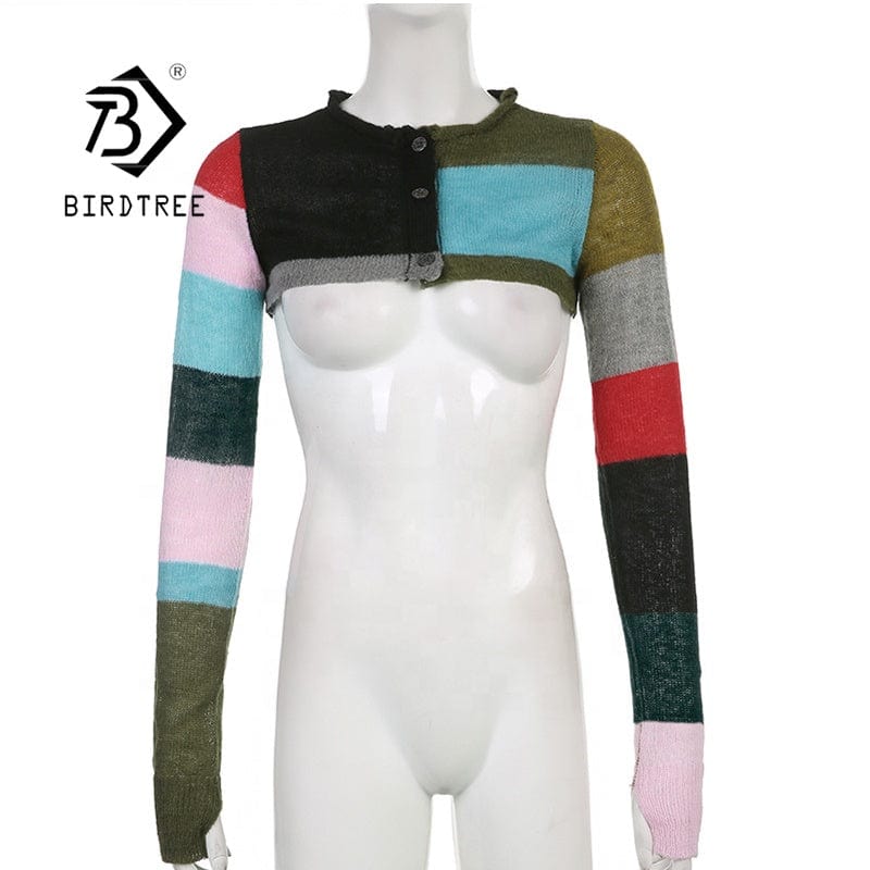 2022 Summer Color-Blocking Knitted Cropped Tops Female Thin Button Round Neck Smock Long-Sleeved Sunscreen Short Sweater T26101J