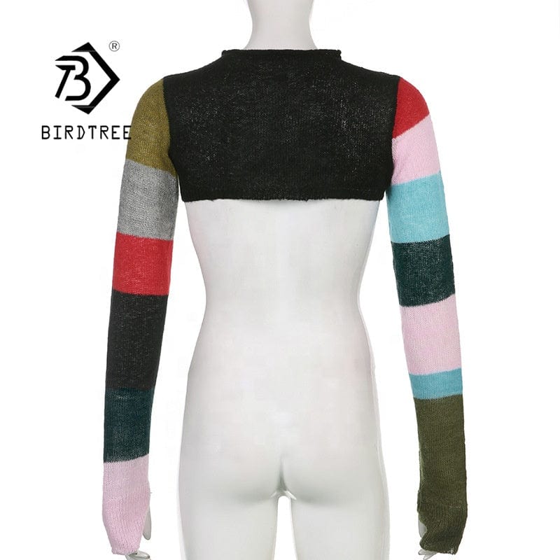 2022 Summer Color-Blocking Knitted Cropped Tops Female Thin Button Round Neck Smock Long-Sleeved Sunscreen Short Sweater T26101J