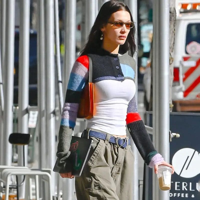 2022 Summer Color-Blocking Knitted Cropped Tops Female Thin Button Round Neck Smock Long-Sleeved Sunscreen Short Sweater T26101J