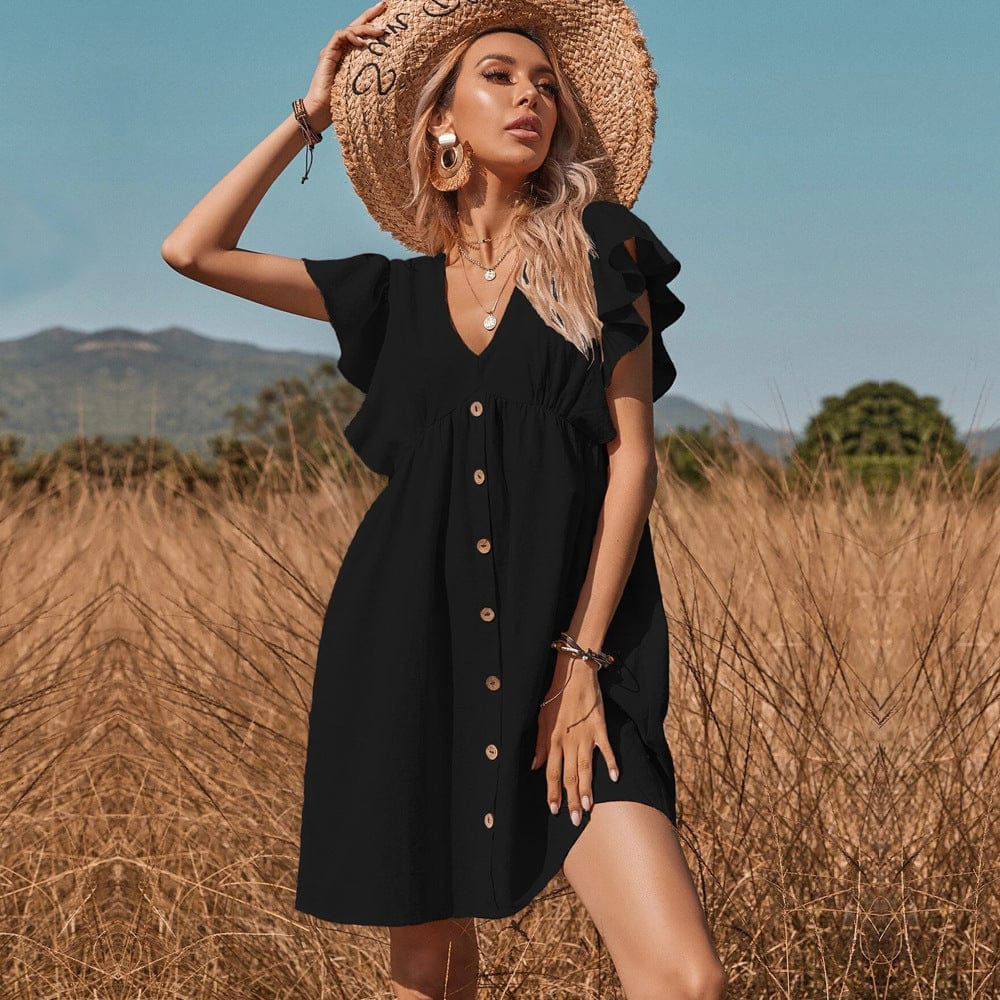 2022 Summer Dress Button V Neck Large Swing Loose Women Casual Dress