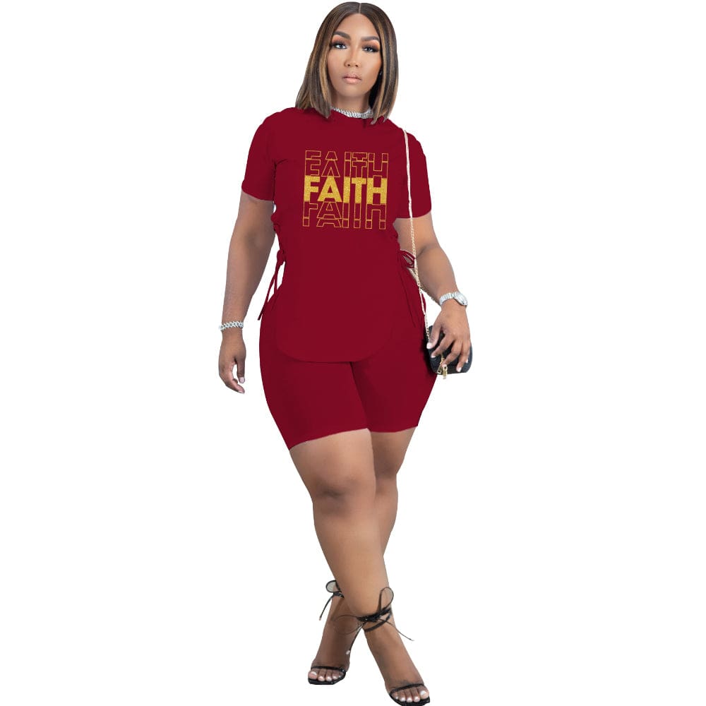 2022 Summer Fashion Short Sleeve Irregular Tops Letter Print Bandage Women Shorts Two Piece Set
