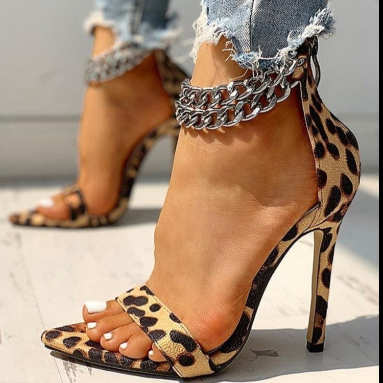 2022 summer large size high heel sandals female new stiletto leopard foot ring chain foreign trade women's shoes high heels