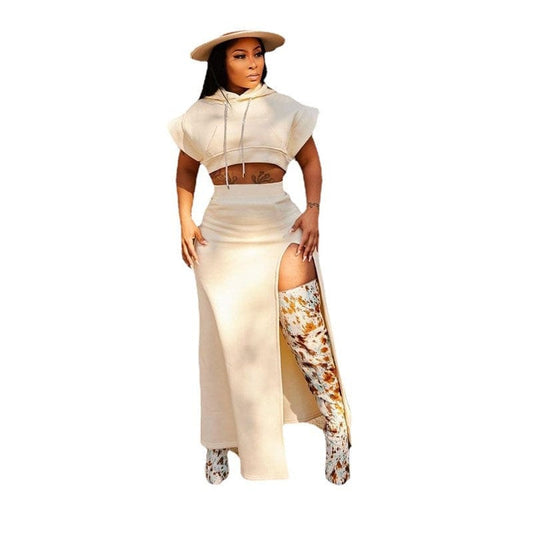 2022 Summer New Arrival Fashion Women Two Piece Set Solid Color Crop Top Sets High Split Long Skirt Sets