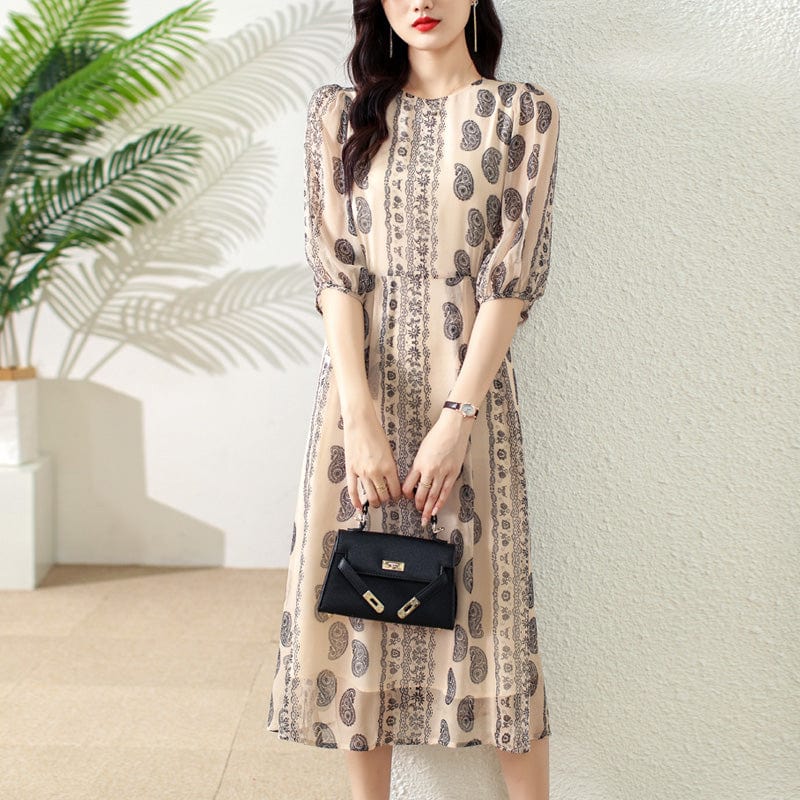 2022 summer new ethnic style tie waist round neck beige mid-length dress TA8592058