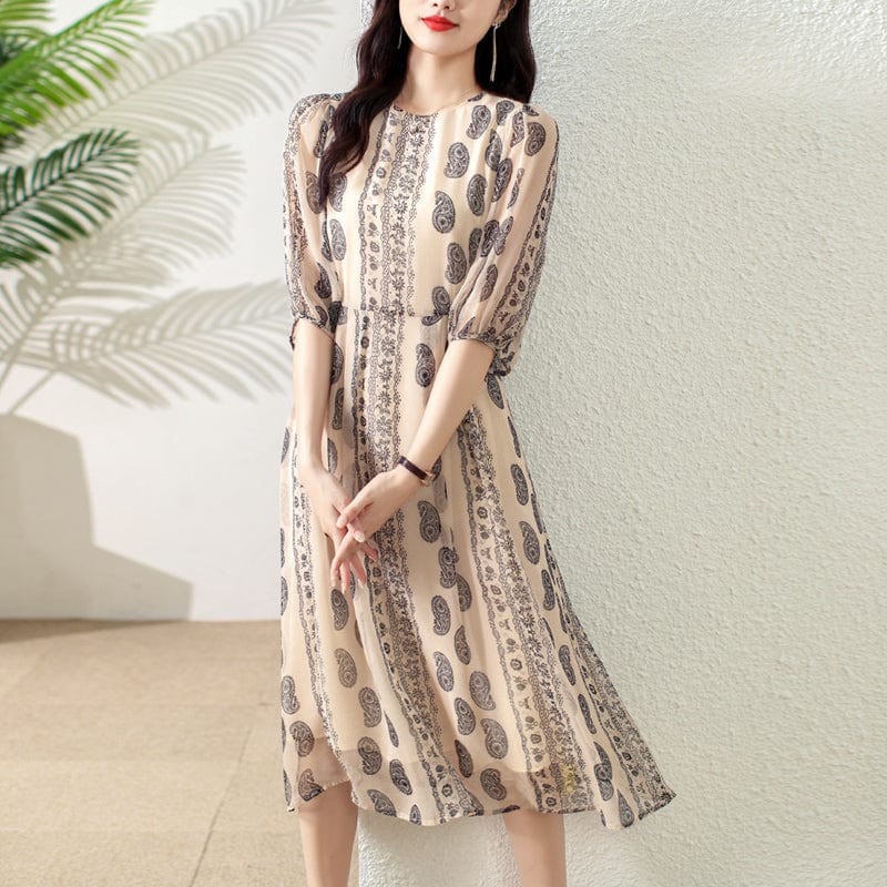 2022 summer new ethnic style tie waist round neck beige mid-length dress TA8592058