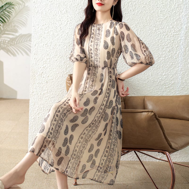 2022 summer new ethnic style tie waist round neck beige mid-length dress TA8592058