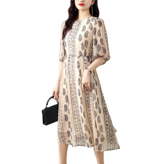 2022 summer new ethnic style tie waist round neck beige mid-length dress TA8592058