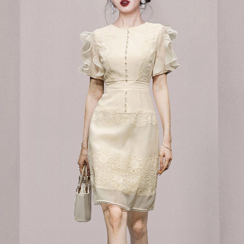 2022 summer new fashion elegant temperament waist slimming bead stitching lace lace dress HN0593088