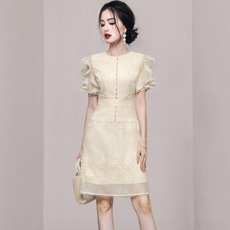 2022 summer new fashion elegant temperament waist slimming bead stitching lace lace dress HN0593088