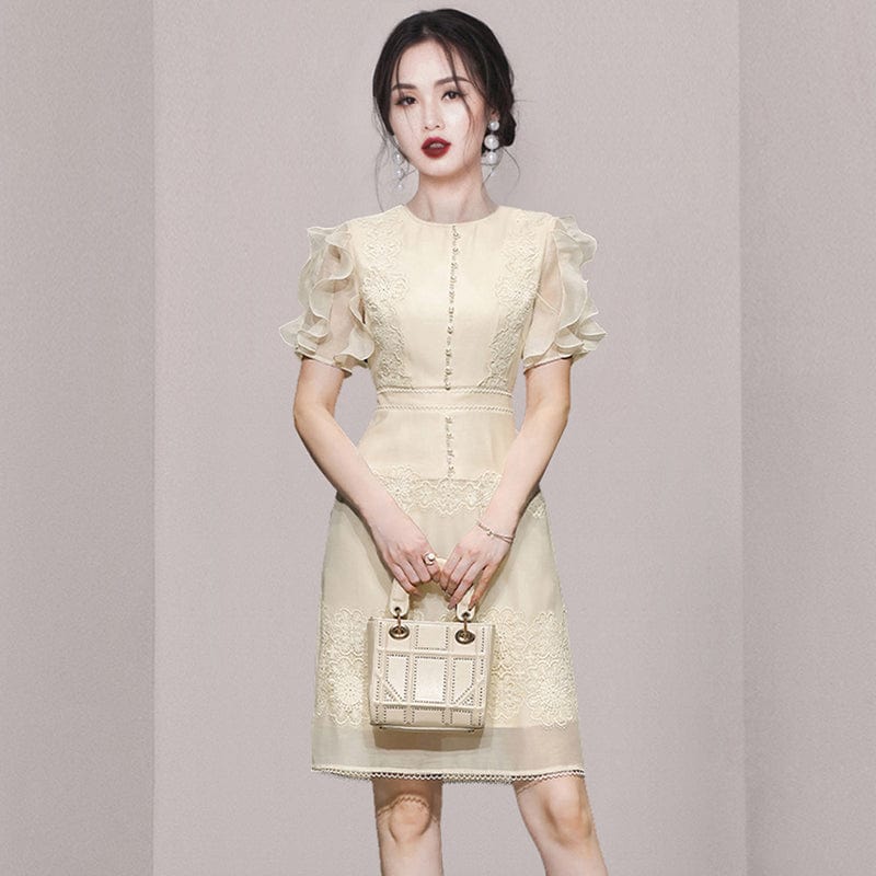 2022 summer new fashion elegant temperament waist slimming bead stitching lace lace dress HN0593088
