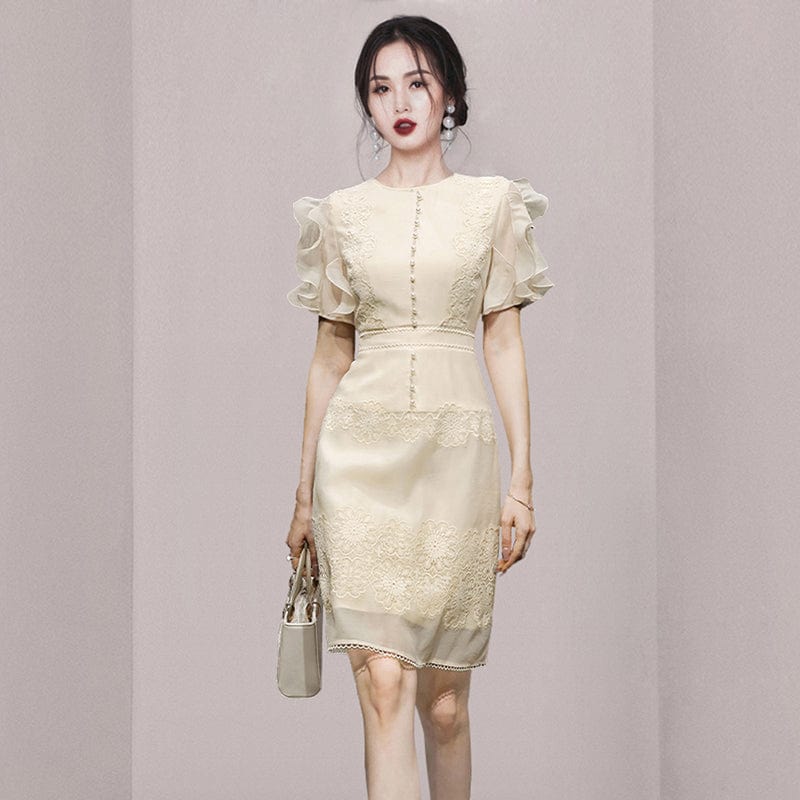 2022 summer new fashion elegant temperament waist slimming bead stitching lace lace dress HN0593088
