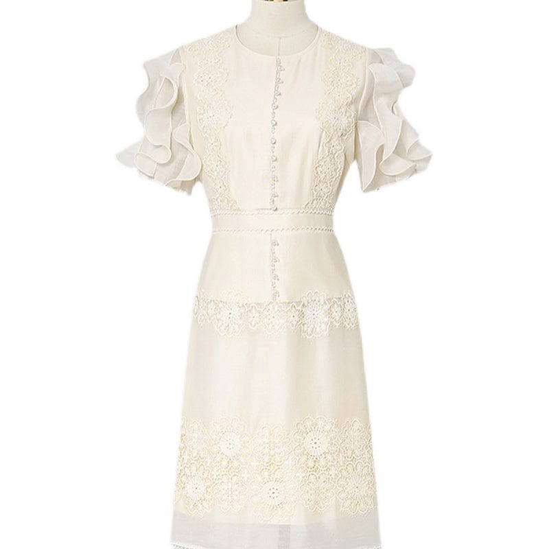 2022 summer new fashion elegant temperament waist slimming bead stitching lace lace dress HN0593088