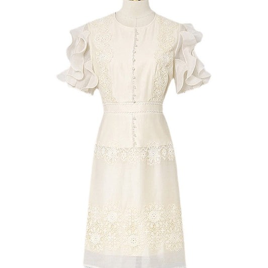 2022 summer new fashion elegant temperament waist slimming bead stitching lace lace dress HN0593088
