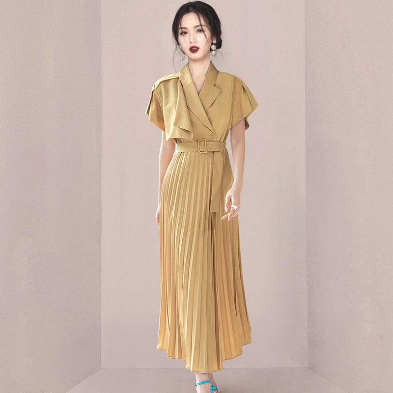 2022 summer new high-end temperament suit collar belt waist stitching pleated swing skirt dress HN06080108