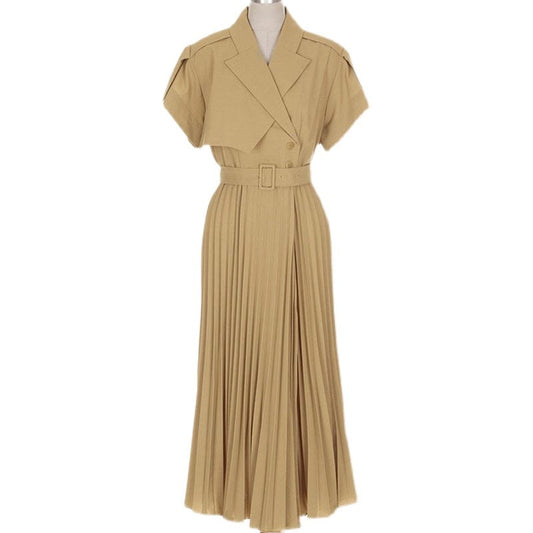 2022 summer new high-end temperament suit collar belt waist stitching pleated swing skirt dress HN06080108