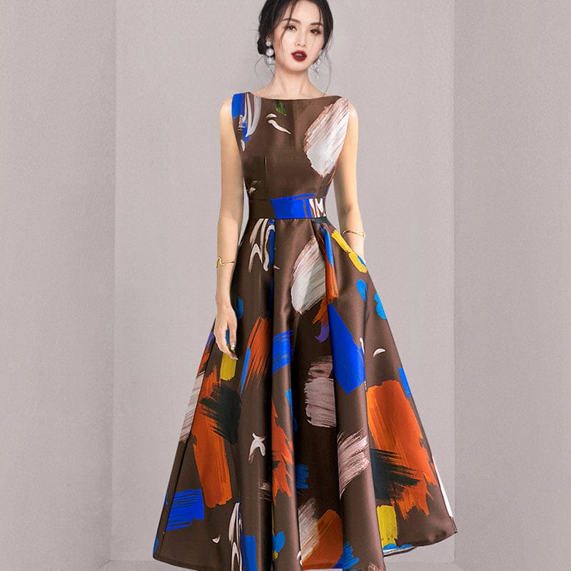 2022 summer new high-end temperament waist slim long skirt fashion printing large swing skirt dress female HN0585069