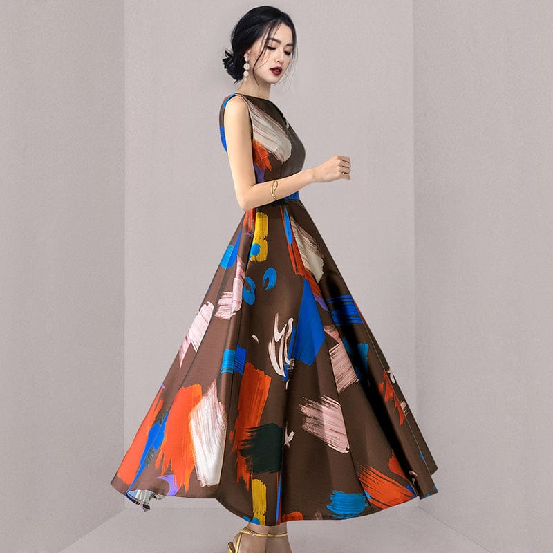 2022 summer new high-end temperament waist slim long skirt fashion printing large swing skirt dress female HN0585069