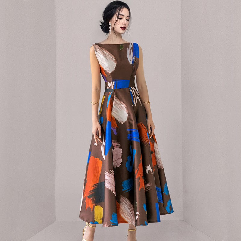 2022 summer new high-end temperament waist slim long skirt fashion printing large swing skirt dress female HN0585069
