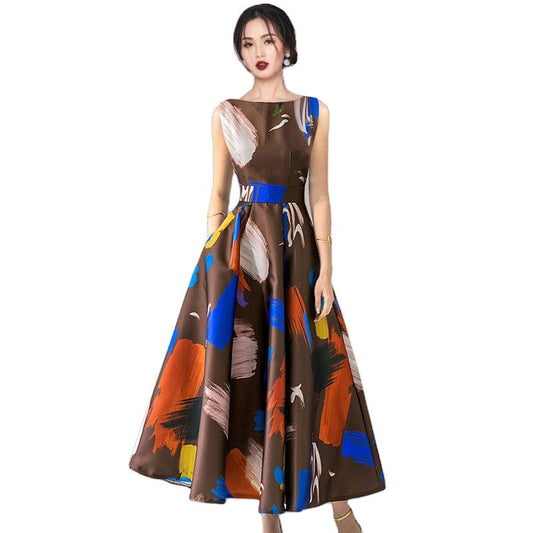 2022 summer new high-end temperament waist slim long skirt fashion printing large swing skirt dress female HN0585069