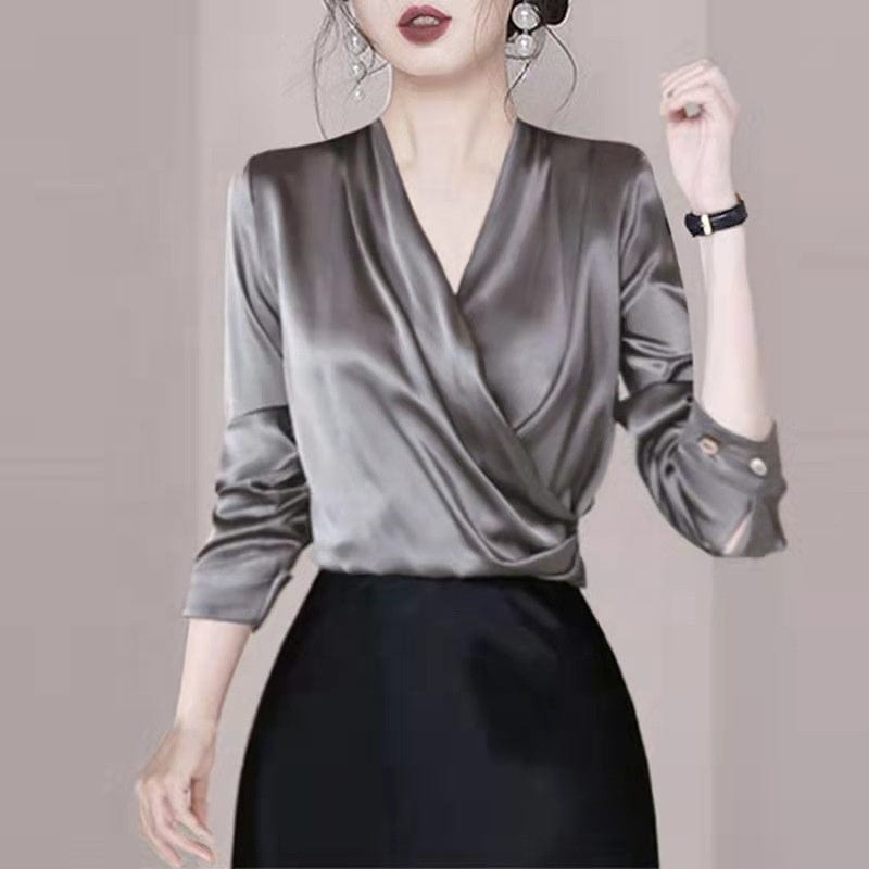 2022 Summer New High-Grade Elegant Slim Satin Shirt Women's All-Matching Western Style High-End Retro Top