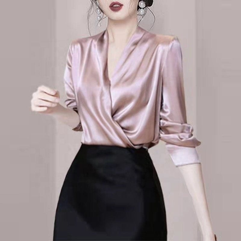 2022 Summer New High-Grade Elegant Slim Satin Shirt Women's All-Matching Western Style High-End Retro Top