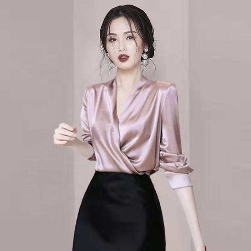 2022 Summer New High-Grade Elegant Slim Satin Shirt Women's All-Matching Western Style High-End Retro Top