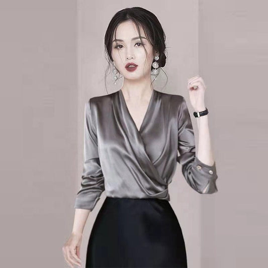 2022 Summer New High-Grade Elegant Slim Satin Shirt Women's All-Matching Western Style High-End Retro Top