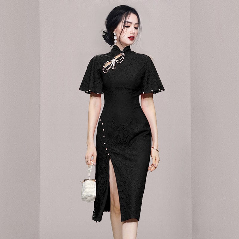 2022 summer new slim temperament beaded retro sexy split lace cheongsam dress HN0594088