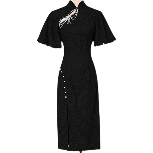 2022 summer new slim temperament beaded retro sexy split lace cheongsam dress HN0594088