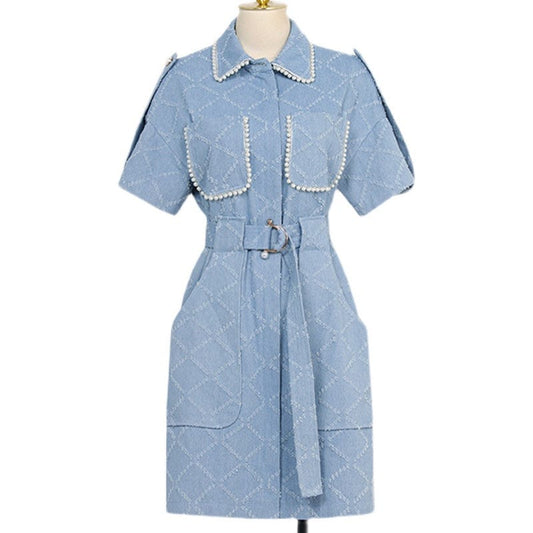 2022 summer new temperament short-sleeved slim belt waist denim skirt heavy industry beaded dress female HN0612088