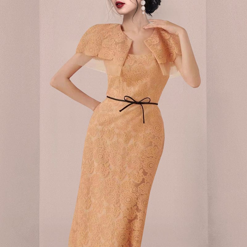 2022 summer new temperament slim cape collar bow long skirt fashion embroidered lace dress HN0643095