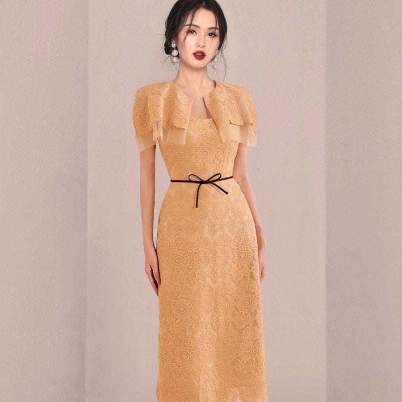 2022 summer new temperament slim cape collar bow long skirt fashion embroidered lace dress HN0643095
