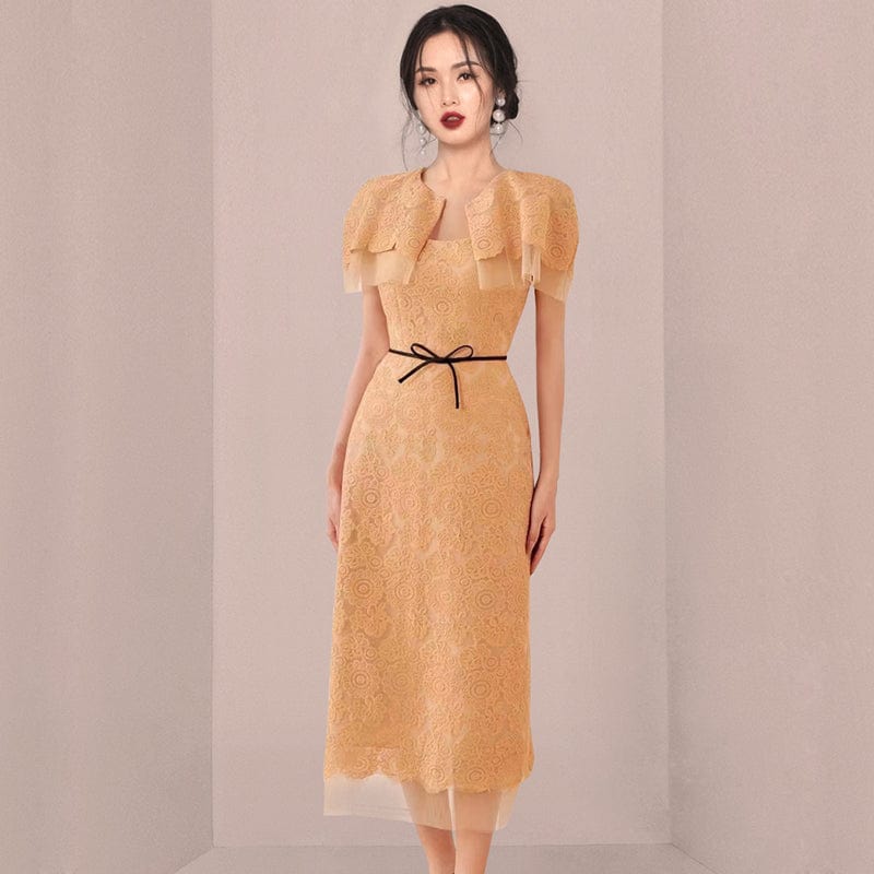2022 summer new temperament slim cape collar bow long skirt fashion embroidered lace dress HN0643095