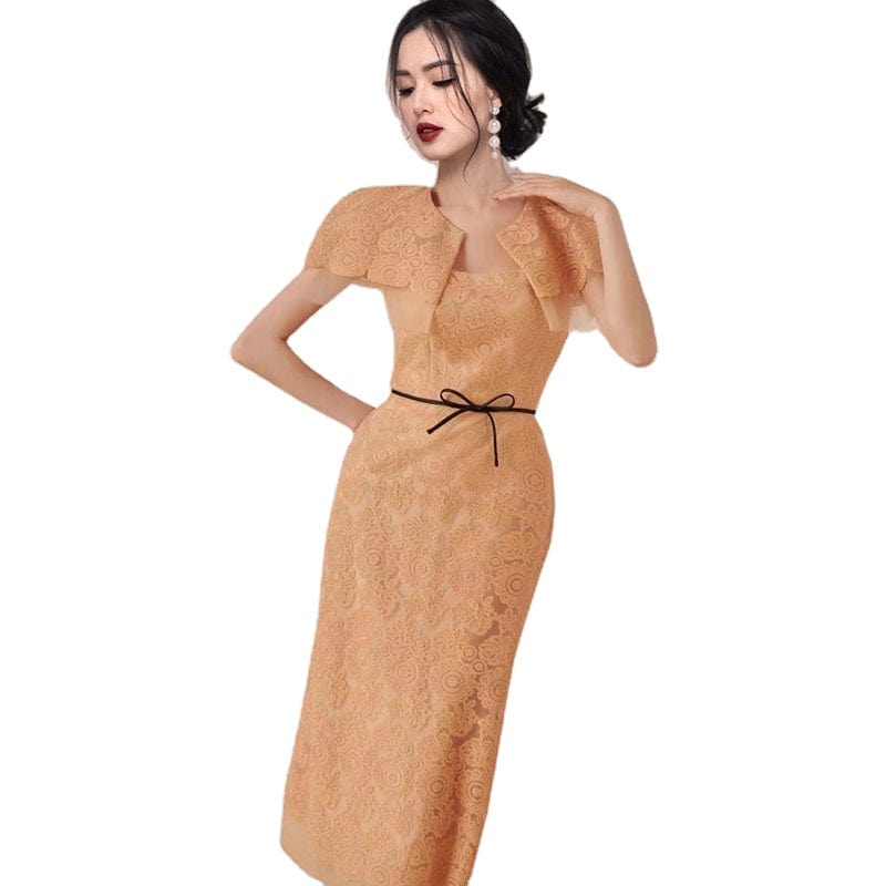2022 summer new temperament slim cape collar bow long skirt fashion embroidered lace dress HN0643095