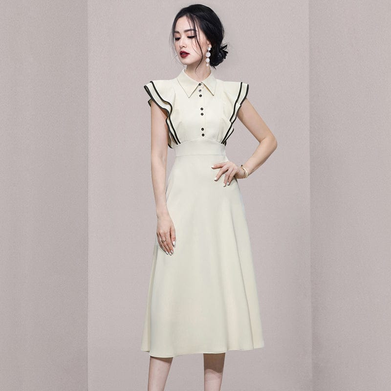 2022 summer new temperament spelling waist fashion lotus leaf sleeve large swing long skirt dress female HN0628083