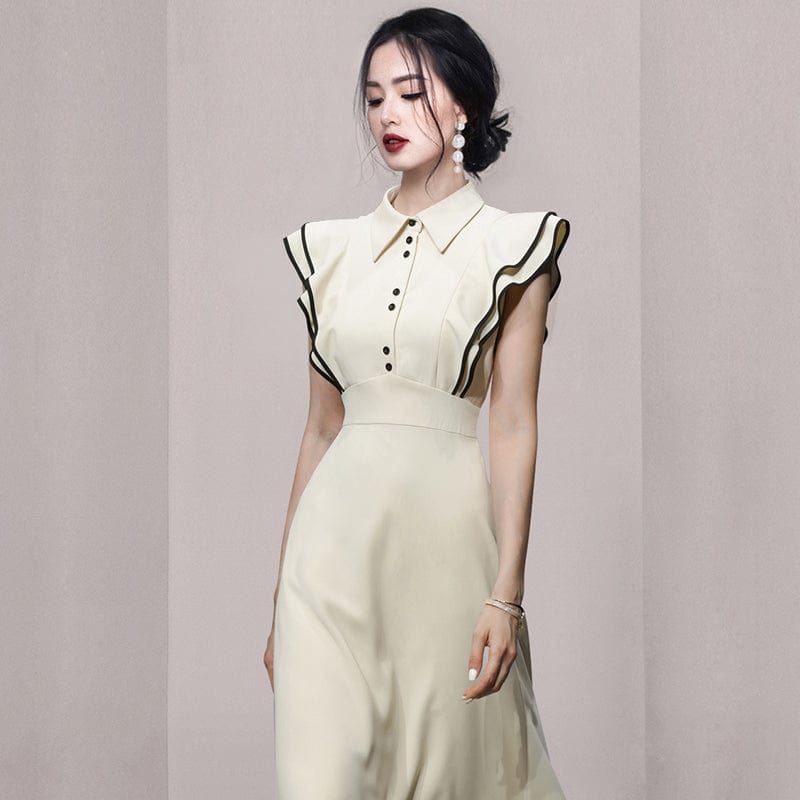 2022 summer new temperament spelling waist fashion lotus leaf sleeve large swing long skirt dress female HN0628083