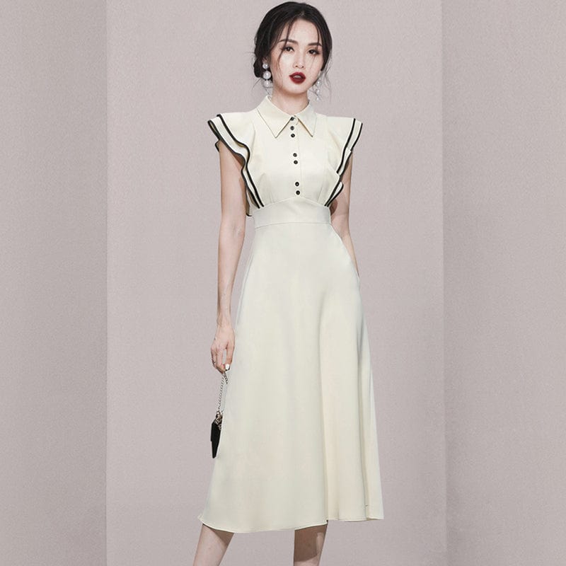 2022 summer new temperament spelling waist fashion lotus leaf sleeve large swing long skirt dress female HN0628083