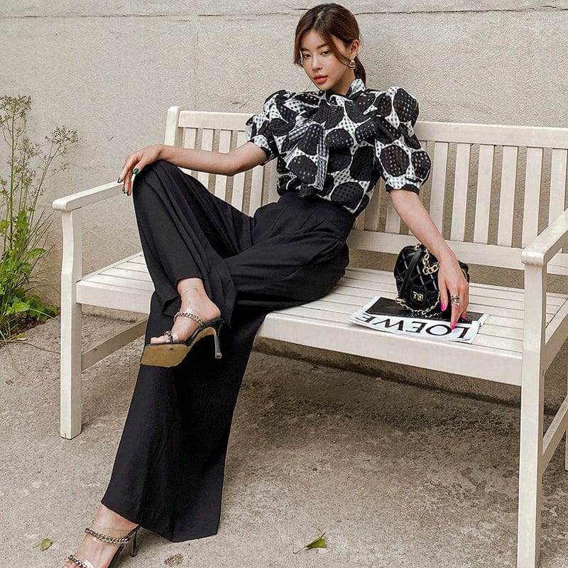 2022 summer new two-piece Korean version lace-up polka dot top waist professional wide-leg pants suit female HN0613088