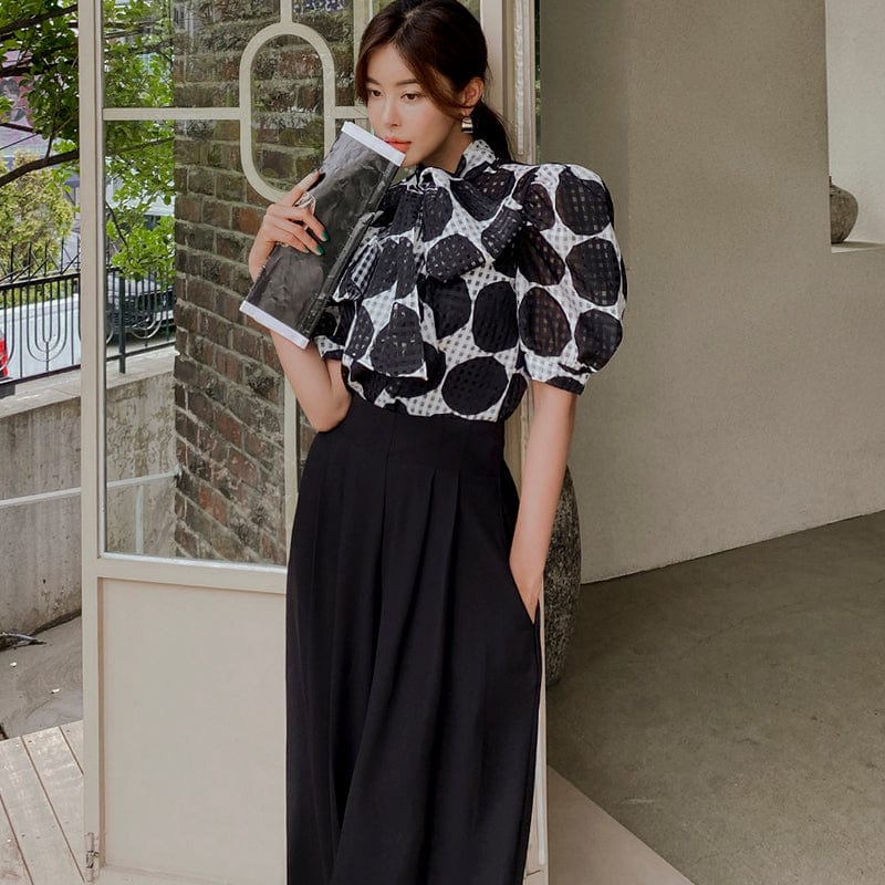 2022 summer new two-piece Korean version lace-up polka dot top waist professional wide-leg pants suit female HN0613088