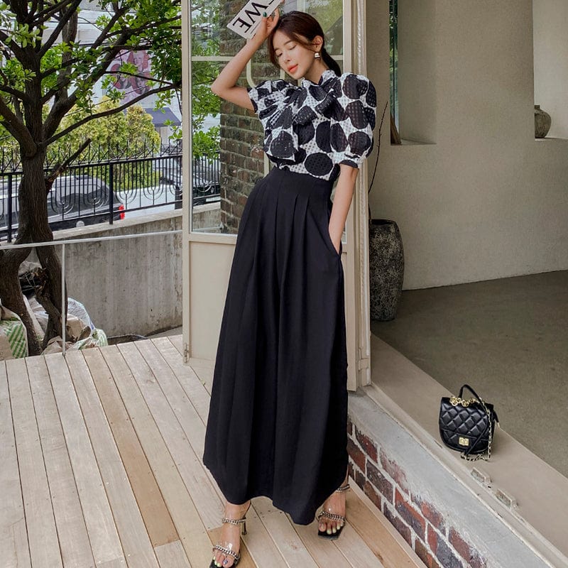 2022 summer new two-piece Korean version lace-up polka dot top waist professional wide-leg pants suit female HN0613088