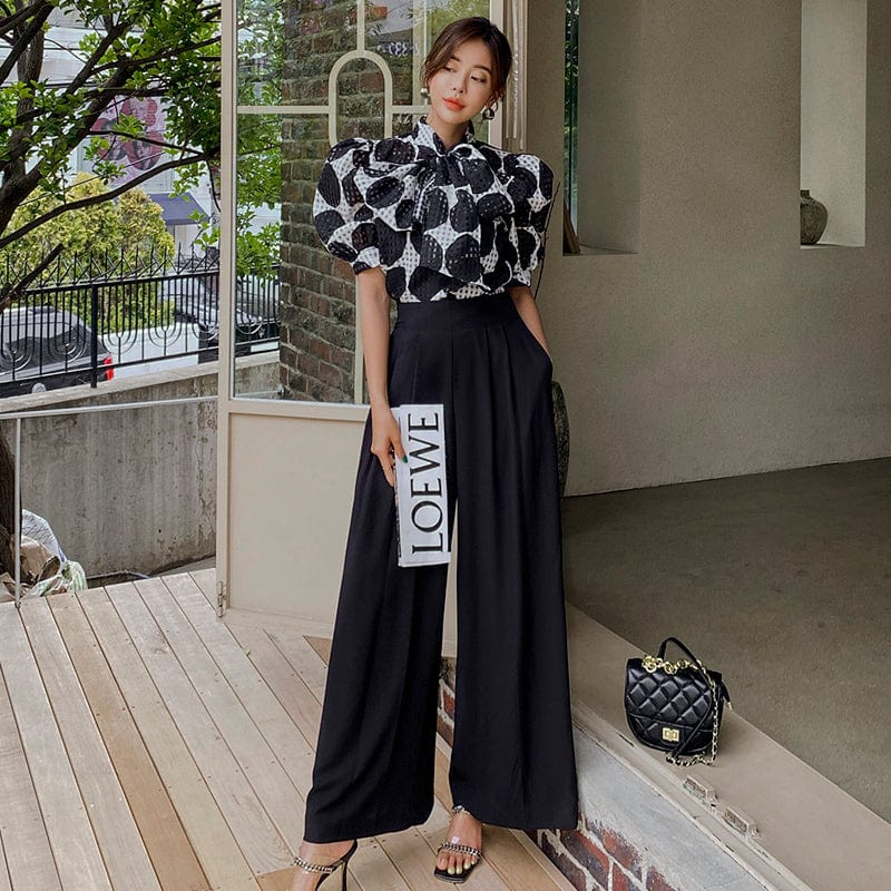 2022 summer new two-piece Korean version lace-up polka dot top waist professional wide-leg pants suit female HN0613088