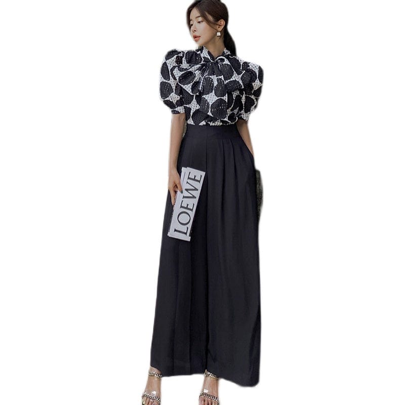 2022 summer new two-piece Korean version lace-up polka dot top waist professional wide-leg pants suit female HN0613088