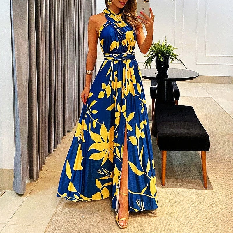 2022 summer new women's sweet striped halterneck high waist slit maxi dress