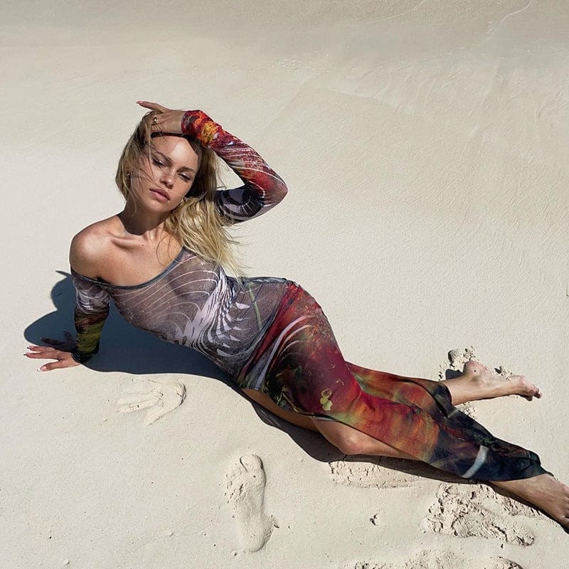 2022 Summer Tie Dye High Split  Bodycon Dresses Women Sheer Long Sleeve Casual Dress